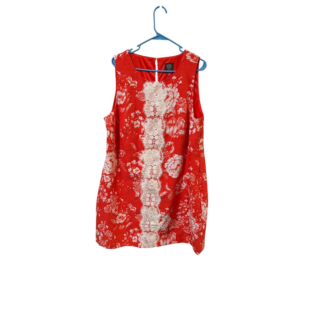 Vince Camuto Size 16W Red White Floral Lace Trim Sleeveless Shift Dress
